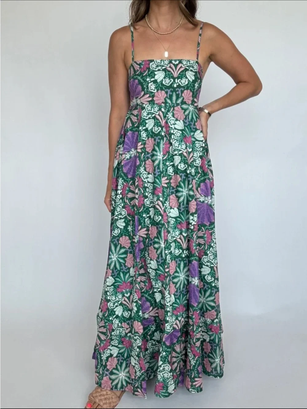 Jolie Green Floral Maxi Dress with Pink & Purple Accents (size L)